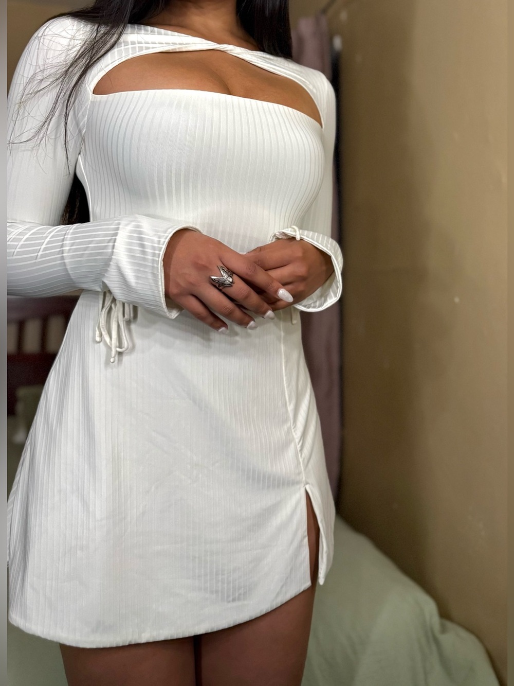Oh Polly White Ribbed Cutout Long Sleeve Mini Dress – Size 6 - Picture 4 of 7
